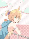 1boy agi_hayami aqua_eyes arm_support bare_shoulders bass_clef blonde_hair cloud commentary duck_hood earbuds earphones earrings hair_ornament hair_scrunchie halftone halftone_background handrail hood hoodie jewelry kagamine_len leaning_forward looking_at_viewer looking_back male_focus musical_note_hair_ornament pectorals pink_background scrunchie short_ponytail sidepec solo spiked_hair tongue tongue_out v-shaped_eyebrows vocaloid 