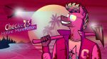 16:9 absurd_res aircraft anthro axe beach blood blood_on_axe blood_on_clothing blood_on_neck blood_on_weapon bodily_fluids bridge checkered_(artist) checkered_(pony) city city_background clothing ears_up equid equine eyewear helicopter hi_res holding_axe holding_melee_weapon holding_object holding_weapon horse male mammal melee_weapon palm_tree plant pony sea smile smiling_at_viewer solo sunglasses text tree vehicle water weapon widescreen
