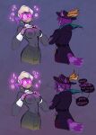 2025 absurd_res anthro black_nipples blue_eyes bottomwear breasts clothed clothed_anthro clothed_female clothed_male clothing clothing_lift coat crossed_arms cuffs_(clothing) dialogue domestic_cat donkey_kong_(series) donkey_kong_bananza duo ear_piercing ears_through_headwear english_text felid feline felis female fur grey_body grey_fur hair heterochromia hi_res highlights_(coloring) hypnosis kong kuro-freak lipstick looking_at_viewer looking_back looking_back_at_viewer maffin_(kuro-freak) makeup male mammal mind_control multicolored_hair nintendo nipples orange_eyes pants piercing poppy_kong presenting presenting_breasts primate purple_body purple_fur purple_hair purple_highlights ringed_eyes shirt shirt_lift speech_bubble tail text topwear two_tone_hair wearing_hat white_clothing white_hair white_topwear yellow_lipstick