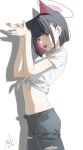  1girl absurdres animal_ears black_hair black_pants blue_archive blunt_bangs blunt_ends blush cat_ears cat_girl colored_inner_animal_ears colored_inner_hair extra_ears from_side hair_behind_ear highres kazusa_(blue_archive) looking_at_viewer lower_teeth_only multicolored_hair navel open_mouth pants pink_eyes pink_hair qtian shadow_puppet shirt short_sleeves sidelocks solo stomach t-shirt teeth tied_shirt torn_clothes torn_pants two-tone_hair white_shirt 