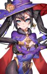  1girl black_gloves black_hair blue_leotard bodystocking breasts brooch capelet cleavage covered_navel crossed_arms earrings floating_hair fur-trimmed_capelet fur_trim gashino genshin_impact gloves gold_trim green_eyes hat highres jewelry leotard looking_at_viewer mona_(genshin_impact) parted_lips purple_hat simple_background single_earring small_breasts solo twintails upper_body white_background witch_hat 