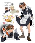  2boys alternate_costume apron arrow_(symbol) back_bow black_dress black_eyes black_hairband black_ribbon black_socks blonde_hair bottle bow brown_hair brown_shoes buttons chilchuck_tims closed_eyes closed_mouth crossdressing dress dungeon_meshi enmaided flower food frills full_body gloves grey_sweater hair_between_eyes hairband hand_up highres hitting holding holding_bottle index_finger_raised juliet_sleeves ketchup ketchup_bottle kugai697139 laios_touden long_sleeves looking_at_another looking_at_viewer maid maid_headdress male_focus multiple_boys multiple_views neck_ribbon omelet omurice open_mouth pink_flower plate puffy_sleeves ribbon shaded_face shoes short_hair simple_background smile socks sparkle standing sweatdrop sweater teeth throwing throwing_food turtleneck turtleneck_dress turtleneck_sweater upper_body v-shaped_eyebrows white_apron white_background white_bow white_gloves 