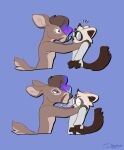 2025 aliasing anthro aseprite_(artwork) blue_background blue_highlights breath brown_body brown_fur brown_hair brown_inner_ear brown_nose clothed clothing coat deer digital_drawing_(artwork) digital_media_(artwork) domestic_ferret duo dyyrlysh eyebrows eyewear flat_colors foggy_glasses fur glasses glistening_eyelids hair hands_on_another&#039;s_shoulders hi_res highlights_(coloring) horizontal_pupils kristoffer_everglade lab_coat looking_at_another male mammal multicolored_highlights mustelid musteline new_world_deer nude opaque_glasses open_mouth pupils purple_eyes purple_highlights round_glasses shoulder_grab simple_background snout sound_effects tail tan_body tan_fur tan_inner_ear topwear true_musteline tuko_(tukoferret) wearing_glasses weasel white-tailed_deer white_body white_fur