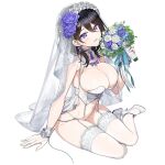  1girl black_hair blue_flower blue_ribbon bouquet bra breasts bridal_lingerie bridal_veil bride cleavage corset cross-laced_clothes cross-laced_corset dolphin_wave dress earrings flower garter_belt gloves hair_flower hair_ornament high_heels highres holding holding_bouquet jewelry lace-trimmed_legwear lace_trim large_breasts light_blush lingerie looking_at_viewer medium_hair navel necklace non-web_source nontraditional_wedding_dress official_alternate_costume official_alternate_hairstyle official_art ootomo_takuji open_mouth panties purple_eyes purple_flower ribbon seductive_smile shoes sitting skindentation smile solo suminoe_shion thighhighs transparent_background transparent_gloves underwear veil wedding_dress white_bra white_flower white_gloves white_panties white_ribbon white_shoes white_thighhighs 