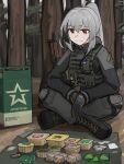  1girl absurdres black_boots black_gloves black_hair boots closed_mouth commission cyrillic english_commentary field_ration forest gamryous gloves grey_hair grey_pants gun highres indian_style knee_pads military_uniform nature original outdoors pants ponytail red_eyes rifle russian_flag russian_text sitting solo tree vest weapon 