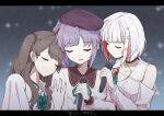  3girls 4th_live_dream_~bloom_the_dream_believers~ ascot bare_shoulders beret blurry blurry_background bob_cut breasts brown_choker brown_hair choker closed_eyes closed_mouth clothing_cutout collarbone collared_dress colored_inner_hair commentary contrast_collar dream_believers dress flower fujishima_megumi green_ascot green_ribbon grey_background hair_bun hair_flower hair_ornament hashtag-only_commentary hat highres inverted_bob leaning_on_person leaning_to_the_side link!_like!_love_live! lone_nape_hair long_hair love_live! medium_breasts multicolored_hair multiple_girls neck_ribbon otomune_kozue parted_lips pink_dress purple_hair purple_hat red_flower red_hair ribbon short_hair shoulder_cutout side_ponytail sidelocks single_side_bun sio_pasta smile split_mouth star_(symbol) star_hair_ornament streaked_hair two_side_up u_u upper_body virtual_youtuber white_hair yugiri_tsuzuri 