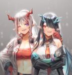  2girls ;d arknights bandeau bangs black_hair black_jacket commentary_request dress dusk_(arknights) grey_background hair_over_one_eye horns jacket long_hair long_sleeves looking_at_another midriff mina_(o414) multiple_girls navel nian_(arknights) off_shoulder one_eye_closed open_clothes open_jacket open_mouth purple_eyes siblings silver_hair sisters sleeveless sleeveless_dress smile stomach strapless tubetop upper_body white_dress white_jacket 