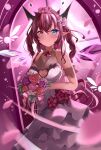  1girl absurdres asymmetrical_wings bare_shoulders black_horns blue_eyes bouquet breasts cleavage cleavage_cutout clothing_cutout cowboy_shot detached_wings dress heterochromia highres hololive hololive_english horns irys_(hololive) large_breasts pink_petals purple_background purple_eyes purple_hair purple_wings red_hair rokusketch solo wedding wedding_dress white_dress white_wings window wings 