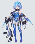  1girl :d ar-15 assault_rifle bare_shoulders blue_dress blue_eyes blue_gloves blue_hair blue_leotard blue_shoes blue_thighhighs blush boots breasts bullpup china_dress chinese_clothes clothes_writing covered_navel dress einz_zwei elbow_gloves fang full_body gloves grey_background grey_pantyhose gun hair_intakes headphones headphones_around_neck highres holding holding_gun holding_weapon horns jacket leotard looking_at_viewer low_wings multicolored_hair off_shoulder open_clothes open_jacket open_mouth pantyhose rifle scope shoes short_hair simple_background sleeves_past_wrists small_breasts smile sniper_rifle solo standing tail thigh_boots thighhighs two-tone_hair vrchat weapon wings zipper 