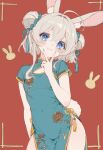  1girl :3 ahoge animal_ear_fluff animal_ears animal_print aqua_dress aqua_nails blue_dress blue_eyes blue_nails blush breasts bun_cover china_dress chinese_clothes chinese_zodiac cleavage_cutout closed_mouth clothing_cutout contrapposto covered_navel cowboy_shot crossed_bangs double_bun dress fingernails flat_chest green_dress grey_hair groin hair_between_eyes hair_bun hair_ornament hair_ribbon hand_up head_tilt highres ichiya_refi looking_at_viewer medium_hair nail_polish original pelvic_curtain rabbit_ears rabbit_girl rabbit_print rabbit_tail red_background ribbon short_sleeves side_slit sidelocks simple_background small_breasts smile solo standing tail tassel tassel_hair_ornament v v_over_mouth year_of_the_rabbit 