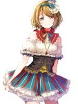  1girl bangs blush brown_eyes brown_hair closed_mouth contrapposto cowboy_shot detached_collar green_hairband hairband half-closed_eyes highres koizumi_hanayo layered_skirt looking_at_viewer love_live! love_live!_school_idol_project miniskirt naarann neck_ribbon ribbon short_hair simple_background skirt smile solo standing striped striped_skirt swept_bangs underbust vertical-striped_skirt vertical_stripes white_background 