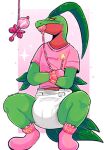 2025 2_tails abdl abstract_background adult_baby ageplay anthro artist_name baby_rattle blush blush_lines bodily_fluids booties clean_diaper clothed clothing colored colored_sketch countershade_body countershade_face countershade_neck countershade_torso countershading crossed_arms crouching cuff_(restraint) diaper diaper_fetish digital_drawing_(artwork) digital_media_(artwork) dino_evergreen dinosaur dromaeosaurid embarrassed embarrassed_male fan_character fructoruu generation_3_pokemon glistening glistening_body glistening_eyes gradient_background green_arms green_body green_face green_legs green_scales green_snout green_upper_jaw grovyle handwear hi_res infantilism leaf leaf_tail leaves_on_body looking_at_viewer male mittens multi_tail nintendo object_in_mouth pacifier pacifier_clip pacifier_cord pacifier_in_mouth pink_baby_rattle pink_background pink_booties pink_clothing pink_cord pink_handwear pink_mittens pink_rattle pink_shirt pink_topwear pokemon pokemon_(species) pokemorph portrait prehistoric_species rattle red_body red_face red_lower_jaw red_scales red_snout red_throat red_torso red_underbelly reptile restraints roleplay scales scalie shirt simple_background sketch solo sparkles squatting_pose star star_clip striped_cord sweat sweatdrop tail text theropod three-quarter_view topwear wearing_diaper white_packground yellow_eyes yellow_sclera