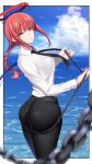  1girl ass bangs black_neckwear black_pants blurry braid braided_ponytail breasts brown_eyes chain chainsaw_man collared_shirt commentary_request depth_of_field halo highres holding holding_chain kippuru large_breasts long_sleeves looking_at_viewer looking_back makima_(chainsaw_man) necktie ocean outdoors pants pantylines red_hair ringed_eyes shirt smile solo taut_clothes thick_thighs thighs tight tight_pants water white_shirt 