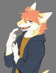 anthro blue_clothing blue_jacket blue_topwear clothed clothing dragon fangs fur furred_dragon furred_scalie grey_background hair half-length_portrait hi_res jacket kutto kuttoyaki looking_at_viewer male multicolored_eyes mythological_creature mythological_scalie mythology narrowed_eyes open_clothing open_jacket open_mouth open_smile open_topwear orange_clothing orange_eyes orange_hair orange_tongue orange_topwear portrait scalie short_hair simple_background smile solo teeth tongue topwear two_tone_eyes white_body white_fur yellow_body yellow_eyes yellow_fur