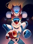  2boys absurdres arm_cannon armor blonde_hair blue_helmet buzzsaw_(6631455) clenched_hand clenched_teeth cowboy_shot first_armor_x_(mega_man) forehead_jewel green_eyes helmet highres long_hair male_focus mega_man_(series) mega_man_x1 mega_man_x_(series) multiple_boys red_armor sky standing star_(sky) starry_sky straight-on tears teeth weapon white_armor white_helmet x_(mega_man) zero_(mega_man) 