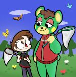 2019 4_fingers ambiguous_gender animal_crossing antennae_(anatomy) anthro arms_bent arthropod bear black_clothing black_eyes black_shirt black_t-shirt black_topwear blue_sky blue_wings brown_eyes brown_hair brown_nose butterfly butterfly_net charlise_(animal_crossing) cheek_spots closed_smile clothed clothed_anthro clothed_female clothed_human clothed_male clothing cloud colored cookieboy011 day digital_drawing_(artwork) digital_media_(artwork) english_description eye_contact eyebrow_through_hair eyebrows eyelashes female female_anthro feral fingers flower flying fully_clothed fully_clothed_human fully_clothed_male fur grass green_body green_fur green_tail group hair half-closed_eyes holding_butterfly_net human insect insect_wings jacket larger_anthro larger_female larger_human larger_male lepidopteran lepidopteran_wings light lighting looking_at_another male male_human mammal markings mouth_closed multicolored_body multicolored_fur narrowed_eyes net nintendo no_eyebrows no_pupils orange_wings outside pink_eyelids plant red_clothing red_flower red_jacket red_nose red_topwear shirt short_hair size_difference sky sleeveless_jacket slim_human slim_male smaller_ambiguous smaller_feral smaller_human smaller_male smile smiling_at_another standing story story_in_description t-shirt tail tan_body tan_skin thin_eyebrows topwear translucent translucent_hair tree triangle_nose villager_(animal_crossing) white_flower wings yellow_flower yellow_inner_ear yellow_markings yellow_wings