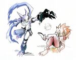  2boys blue_fur body_fur broken_horn brown_hair digimon digimon_(creature) fiery_tail flamon green_eyes highres horns male_focus medium_hair multiple_boys oh_sorry_01 pants pointy_ears red_pants simple_background strabimon tail white_background white_pants yellow_eyes 