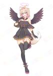  1girl :3 alternate_costume angel angel_wings animal_ear_fluff animal_ears armlet bandaid bandaid_hair_ornament bare_shoulders black_dress black_shoes black_thighhighs black_wings blonde_hair blue_eyes blush boots bracelet detached_collar dog_ears dog_girl dog_tail dress elbow_gloves fang feathered_wings full_body gloves gold gold_armlet gold_trim hair_ornament hairband halo hand_up headband highres hololive hololive_english horn_hairband jewelry looking_at_viewer mikujin_(mikuzin24) mococo_abyssgard multicolored_hair off-shoulder_dress off_shoulder open_mouth pink_hair pink_hairband pink_halo pink_headband platform_boots shoes short_hair simple_background skindentation smile solo standing standing_on_one_leg streaked_hair tail thighhighs thighlet thighs traditional_halo v v_over_mouth virtual_youtuber wings x_hair_ornament 
