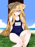  1girl against_tree animal_ear_fluff animal_ears aqua_eyes bare_shoulders beach blonde_hair blue_eyes blue_one-piece_swimsuit blue_sky blush breasts cloud collarbone covered_navel day eyes_visible_through_hair fox_ears fox_girl fox_tail glasses grass green_eyes hair_over_one_eye highres horizon knee_up long_hair looking_at_viewer name_tag ocean old_school_swimsuit on_ground one-piece_swimsuit outdoors palm_tree parted_lips red-framed_eyewear school_swimsuit semi-rimless_eyewear sitting sky small_breasts solo suzuki-shi swimsuit tail thighs tree under_tree very_long_hair vrchat water 