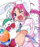  1girl absurdres animal_ears blush_stickers braid copyright_name fang hat highres holding holding_wand jewelry long_hair looking_at_viewer mugimaru nakahara_komugi necklace nurse nurse_cap nurse_witch_komugi-chan one_eye_closed open_mouth pink_eyes pink_hair rabbit_ears rnornopoo skin_fang wand 