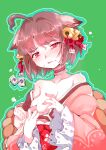  1girl ahoge animal_ears bell blush breasts brown_hair cat_ears cat_girl choker closed_mouth commentary_request dutch_angle frilled_choker frills frown grabbing_own_breast green_background hair_bell hair_ornament hair_ribbon highres ichihime japanese_clothes jingle_bell kimono long_sleeves looking_at_viewer mahjong_soul mahjong_tile minimaki off_shoulder one_breast_out pink_kimono red_choker red_eyes red_ribbon ribbon short_hair simple_background solo tearing_up wide_sleeves 