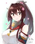  1girl bare_shoulders brown_eyes brown_hair closed_mouth dated eyebrows_visible_through_hair flower hair_between_eyes hair_flower hair_ornament highres kantai_collection long_hair looking_at_viewer ma_rukan pink_flower ponytail signature smile solo upper_body yamato_(kancolle) z_flag 