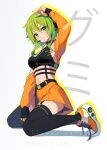  1girl arm_up artist_name black_legwear blush breasts character_name cleavage closed_mouth commentary english_commentary full_body garter_straps green_eyes green_hair gumi headset highres hyanna-natsu kneeling long_sleeves looking_at_viewer medium_breasts miniskirt navel orange_footwear orange_skirt shoes short_hair_with_long_locks shrug_(clothing) sidelocks simple_background skirt smile sneakers solo sports_bra thighhighs v vocaloid white_background zettai_ryouiki 