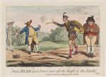 1780 18th_century ancient_art anthro bare_legs biped bottomwear canid canine caption clothing dated duel flintlock_pistol fox grass group gun hair handgun hands_together hat hat_feather headgear headwear hi_res holding_gun holding_handgun holding_object holding_pistol holding_ranged_weapon holding_shield holding_weapon human jacket james_gilray kilt loose_feather male mammal melee_weapon pistol plant political_cartoon politics ponytail ranged_weapon religious_themes shield shooting shrub sky slightly_chubby slightly_chubby_male standing sword tail topwear tricorne weapon