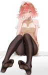  1girl ahoge bare_shoulders black_pantyhose breasts changli_(wuthering_waves) clothing_cutout concentric_circles gradient_hair hair_between_eyes hair_extensions hair_intakes hand_on_own_chin hand_up heart_cutout highres large_breasts long_hair meme_attire multicolored_hair pantyhose pink_hair ring_hair_extensions shirt simple_background sitting sleeveless sleeveless_shirt smile solo virgin_killer_sweater weitaming_c white_background white_hair wuthering_waves yellow_eyes 