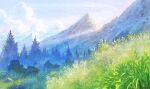  blue_sky brick_wall cloud cloudy_sky day flower forest grass landscape mountain mountainous_horizon nature no_humans original outdoors pine_tree plant rock scenery sky stone_wall tree yamakou_(yamakou_e2) 