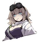  1girl aa-12_(girls&#039;_frontline) absurdres ahoge belt blue_eyes blunt_bangs breasts cleavage girls&#039;_frontline girls&#039;_frontline_2:_exilium goggles goggles_on_head grey_belt grey_hair highres jacket large_breasts lind_(girls&#039;_frontline_2) lollipop_in_mouth multicolored_hair open_clothes open_jacket purple_shirt shirt solo white_jacket zanlyu 