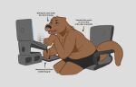 anthro bad_posture biped black_text breasts brown_body chair cinder_block cleavage clothed clothing computer directional_arrow drawing drawing_tablet electronics english_text female furniture gold_ear_piercing gold_nose_ring hi_res holding_object holding_pen keyboard_shortcut laptop looking_at_computer looking_at_object mammal mustelid office_chair open_mouth otter otter_(oystr) oystr pen shorts_only simple_background sitting slightly_chubby solo text topless typing white_background