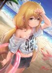  1girl arm_up bangs beach bikini_tan black_shorts blonde_hair brown_eyes closed_mouth clothes_writing commentary_request dated day eyebrows_visible_through_hair futaba_anzu hair_between_eyes horizon idolmaster idolmaster_cinderella_girls innertube long_hair looking_at_viewer low_twintails ocean off_shoulder outdoors palm_tree sand see-through shirt short_shorts short_sleeves shorts signature solo stuffed_animal stuffed_bunny stuffed_toy summer sweat tan tanlines tree twintails very_long_hair water wet wet_clothes wet_shirt white_shirt xiaoyu you_work_you_lose 