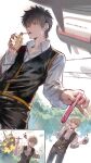  2boys black_eyes black_hair black_pants brown_hair cigarette collared_shirt explosion gintama highres hijikata_toushirou holding kyuuba_melo looking_at_another male_focus marshmallow_(site) mouth_hold multiple_boys okita_sougo pants red_eyes running shirt short_hair standing translation_request white_shirt 