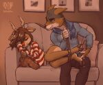 2025 anthro benjamin_wolfe biped bound canid canine canis christmas christmas_clothing christmas_sweater christmas_topwear clothing deer duo feet feet_tied female foot_fetish furniture hair hi_res holidays hooves inside ladydino laugh long_hair looking_at_another male male/female mammal new_world_deer on_sofa red_nose reindeer scarf sofa sweater tickle_fetish tickling tickling_feet tickling_hooves topwear wolf