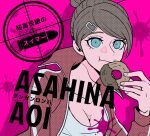  1girl asahina_aoi bangs blue_eyes breasts brown_hair bullet character_name cleavage collarbone commentary_request copyright_name danganronpa:_trigger_happy_havoc danganronpa_(series) doughnut food hair_ornament hairclip holding holding_food jacket large_breasts long_sleeves looking_at_viewer pink_background red_jacket shirt short_hair solo tege_(tege_xxx) translated upper_body 