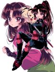  1girl animal animal_on_shoulder armor black_bodysuit black_boots black_eyes black_gloves black_hair bodysuit boots breasts bridal_gauntlets cat colored_sclera commentary curtained_hair elbow_pads eyeshadow fingerless_gloves full_body gloves green_skirt hand_on_animal hand_up high_ponytail highres inuyasha japanese_clothes katana kimono kirara_(inuyasha) leaning_forward long_hair looking_at_viewer looking_to_the_side makeup mandarin_collar medium_breasts multiple_tails multiple_views nekomata ninja open_mouth parted_lips pink_eyeshadow pink_kimono ponytail red_eyes red_sash red_sclera rumic_0620 sango_(inuyasha) sash shanghai_neckline sheath shoulder_armor simple_background sitting skirt smile standing sword tail tight_clothes two_tails upper_body weapon white_background 