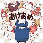  2023 artist_name bowl checkered_background chibi chinese_zodiac daruma_doll flower food hagoita hanetsuki happy_new_year horns hoshikui japanese_clothes kagami_mochi kimono kine mallet mochi multiple_others new_year no_humans original paddle rabbit red_flower red_kimono shoutarou_(shoutarotttt) smile solo star_(symbol) teeth twitter_username wagashi white_background year_of_the_rabbit 