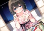  1girl bangs black_hair blue_eyes blurry blurry_background blush breasts checkered checkered_kimono chopsticks cleavage collarbone commentary_request crescent_moon cup depth_of_field dutch_angle eyebrows_visible_through_hair feeding fish food hair_between_eyes hands_up holding holding_chopsticks incoming_food indoors japanese_clothes kimono looking_at_viewer medium_breasts moon night ominaeshi_(takenoko) original parted_lips pink_kimono plate short_sleeves shouji sliding_doors smile solo tray wide_sleeves 