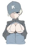  1girl bangs baseball_cap bikini bikini_under_clothes blue_eyes blue_headwear blue_jacket breasts cleavage cropped_torso front-tie_bikini front-tie_top girls_und_panzer half-closed_eyes hands_in_pockets hat hat_over_one_eye highres jacket keizoku_military_uniform large_breasts long_sleeves looking_at_viewer micro_bikini military military_uniform nattun_nattun parted_lips partially_unzipped raglan_sleeves short_hair silver_hair simple_background skindentation solo swimsuit track_jacket uniform upper_body white_background white_bikini youko_(girls_und_panzer) 