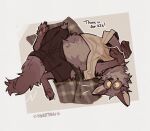 bedding blanket brown_body brown_fur canid canine canis claws clothed clothed_feral clothing coyote english_text eyewear feral fur glasses hi_res implied_transformation lying male mammal on_back oversized_clothing pawpads paws randitawu signature solo tail tail_motion tailwag text yellow_body yellow_fur