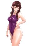  1girl breasts brown_hair commentary_request competition_swimsuit covered_navel cowboy_shot flat_color hand_on_own_hip highleg highleg_one-piece_swimsuit looking_back low_twintails medium_breasts nobita_(nbnobita) one-piece_swimsuit original purple_one-piece_swimsuit simple_background solo swimsuit twintails white_background 