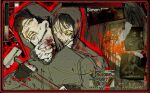  black_gloves black_hair blood blood_in_hair blood_on_clothes blood_on_hands blood_splatter border clenched_teeth closed_eyes colored_sclera colored_teeth constricted_pupils crazy_eyes cry_of_fear crying dual_persona english_text fingerless_gloves gloves grey_hoodie hammer head_tilt health_bar highres holding holding_hammer hood hood_up hoodie hug hug_from_behind male_focus multiple_views ornate_border outline photo_inset red_border red_outline s1ck-sweet short_hair simon_henriksson simon_henriksson_(book) strangling sweatdrop teeth wide-eyed yellow_sclera yellow_teeth 