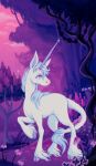 absurd_res amalthea_(tlu) blue_mane detailed_background equid equine female feral flower forest fur hi_res hooves horn knee_up looking_back mammal mane mythological_creature mythological_equine mythology pebblefroot pink_sky plant pointy_ears prick_ears quadruped sky solo sparkles tail tail_tuft the_last_unicorn tree tuft unicorn white_body white_eyes white_fur