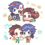  2boys :&lt; alternate_costume animal_ears animal_hands apron bangs blue_eyes blue_hair blush brown_hair checkered checkered_neckwear chibi closed_mouth collar cup earrings fangs food food_on_face gloves halloween highres holding holding_food holding_weapon jack-o&#039;-lantern japanese_clothes jewelry kamado_tanjirou kimetsu_no_yaiba long_hair male_focus multiple_boys multiple_views omelet open_mouth paw_gloves ponytail red_eyes red_neckwear scar scar_on_face scythe shirt simple_background skull sparkle spiked_collar spikes tail tomioka_giyuu usu32 waist_apron weapon white_background 