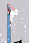  1boy absurdres black_nails black_pants black_shirt coat cowboy_shot doorway earrings grey_background highres index_ring jewelry long_sleeves mahoutsukai_no_yakusoku male_focus middle_ring mithra_(mahoutsukai_no_yakusoku) pants pinky_ring red_hair shirt short_hair snow solo standing stitched_neck stitched_wrist stitches white_coat yuta_kbut 