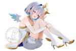  +_+ 1girl alternate_costume amane_kanata angel angel_wings bare_shoulders blue_hair blue_wings blush boots bridal_gauntlets colored_inner_hair commentary_request crossed_bangs detached_collar dress elbow_gloves feathered_wings full_body glove_cutout gloves gold_trim gradient_wings grey_hair hair_between_eyes hair_intakes halo hand_on_own_leg hand_up high_heel_boots high_heels highres hololive knees_up legs looking_at_viewer medium_hair mini_wings multicolored_hair multicolored_wings off-shoulder_dress off_shoulder open_hand open_mouth oracle_(amane_kanata) purple_eyes sidelocks simple_background sitting smallpine_7 smile solo star_halo thigh_boots virtual_youtuber watermark white_background white_boots white_dress white_gloves white_wings wings 