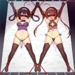  2girls afterimage ahoge armpits arms_up artist_name ass_visible_through_thighs asymmetrical_legwear azur_lane bangs bare_shoulders bdsm black_gloves black_hair black_legwear black_panties blindfold blush bondage bound bound_ankles bound_wrists breasts breasts_apart brown_hair china_dress chinese_clothes chinese_commentary cleavage_cutout clitoral_stimulation clothes_lift clothing_cutout collar commentary_request controller dark dress dress_lift egg_vibrator elbow_gloves eyebrows_visible_through_hair from_above full_body gloves hair_ornament hair_rings hairband hitachi_magic_wand holding_hands huoji_(wonderturkey) interlocked_fingers long_hair lying medium_breasts mismatched_legwear mixed-language_commentary motion_lines multiple_girls navel ning_hai_(azur_lane) nose_blush o-ring o-ring_bottom o-ring_panties on_back on_bed open_mouth outstretched_arms panties pelvic_curtain pelvic_curtain_lift ping_hai_(azur_lane) purple_dress pussy_juice red_dress remote_control remote_control_vibrator rope saliva see-through sex_toy shiny shiny_hair side-tie_panties sidelocks signature skindentation sleeveless sleeveless_dress small_breasts spread_legs stomach string_panties symmetry tape thighhighs tied_hair torn_clothes torn_dress twintails underwear vibrator vibrator_in_thighhighs wavy_mouth wet wet_clothes wet_panties white_background white_hairband white_panties 