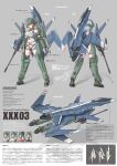  1girl absurdres aircraft airplane an-chang bikini blue_hair breasts cleavage fighter_jet gloves gun helmet highres holding large_breasts mecha_musume military military_vehicle missile multiple_girls multiple_views navel personification propeller red_eyes rifle roundel sentou_yousei_yukikaze shadow standing striped_bikini striped_clothes swimsuit thrusters vehicle_focus weapon wings 