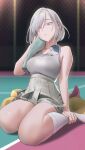  1girl chocorut fiona_frost highres pixiv short_hair sitting skirt solo spy_x_family sweatdrop towel wet white_hair wig 